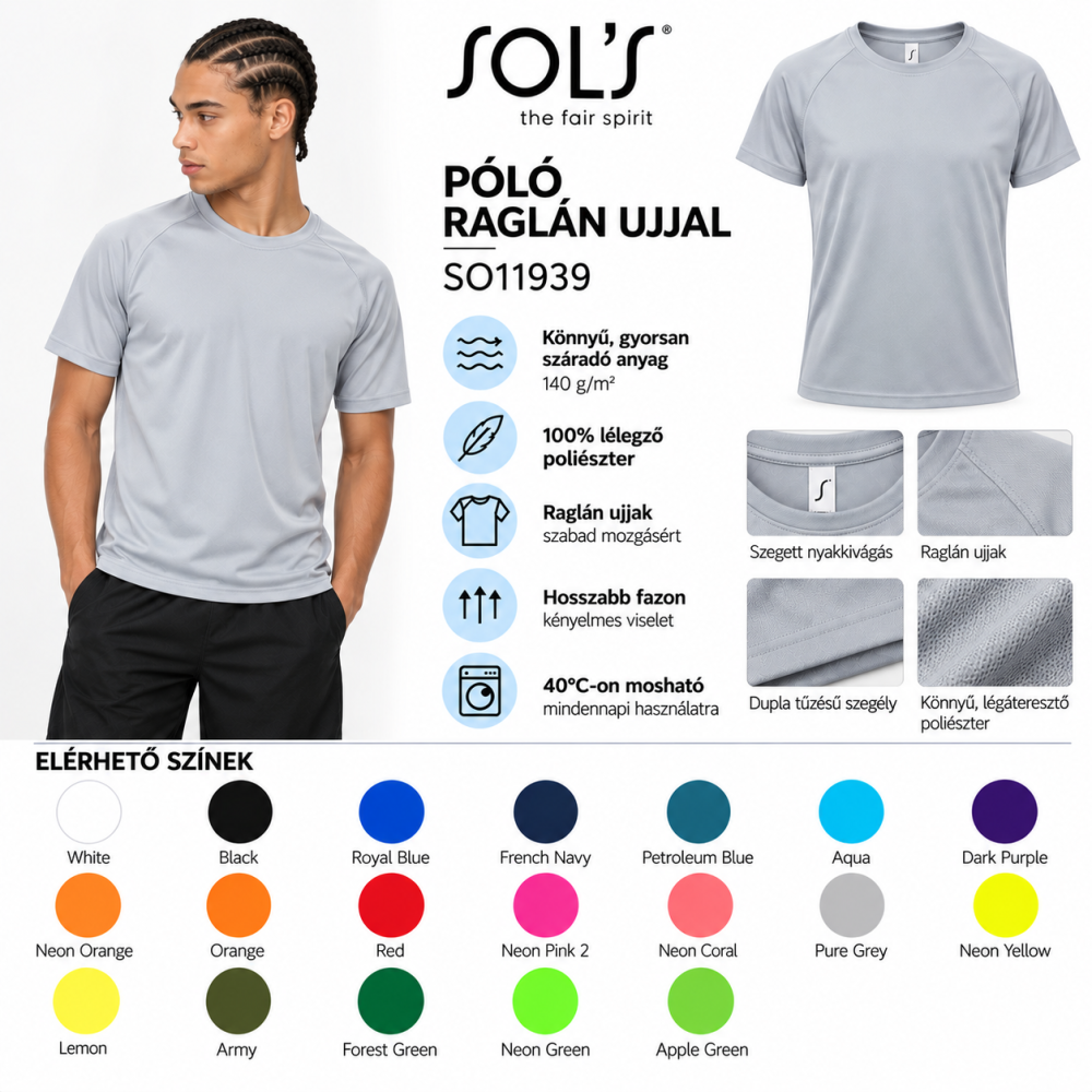 SOL'S SPORTY - PÓLÓ RAGLÁN UJJAL